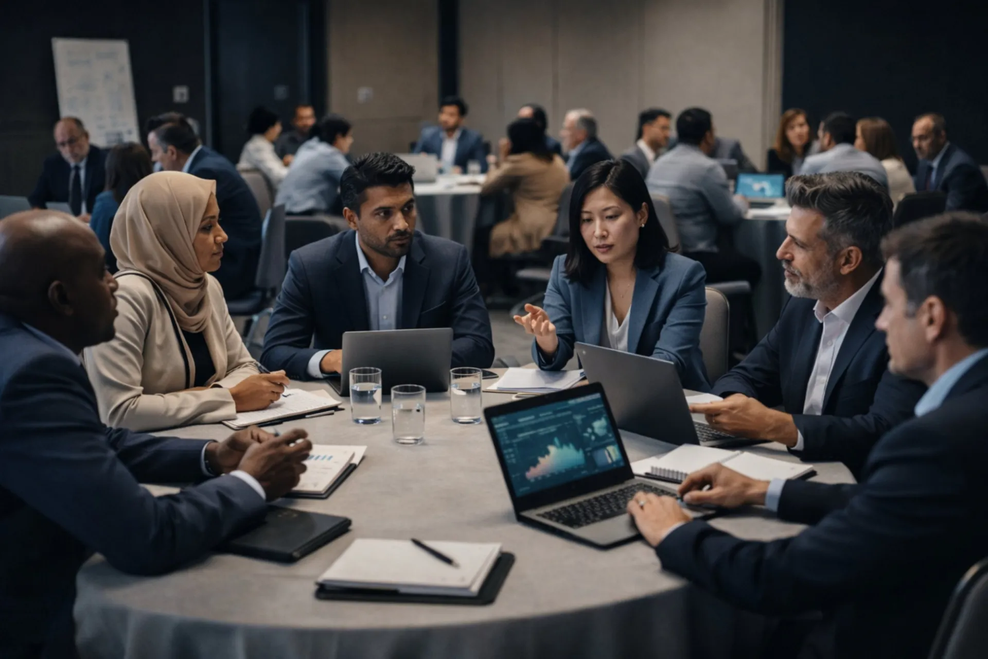 Professionals collaborating in a workshop discussion with laptops and notes at round tables