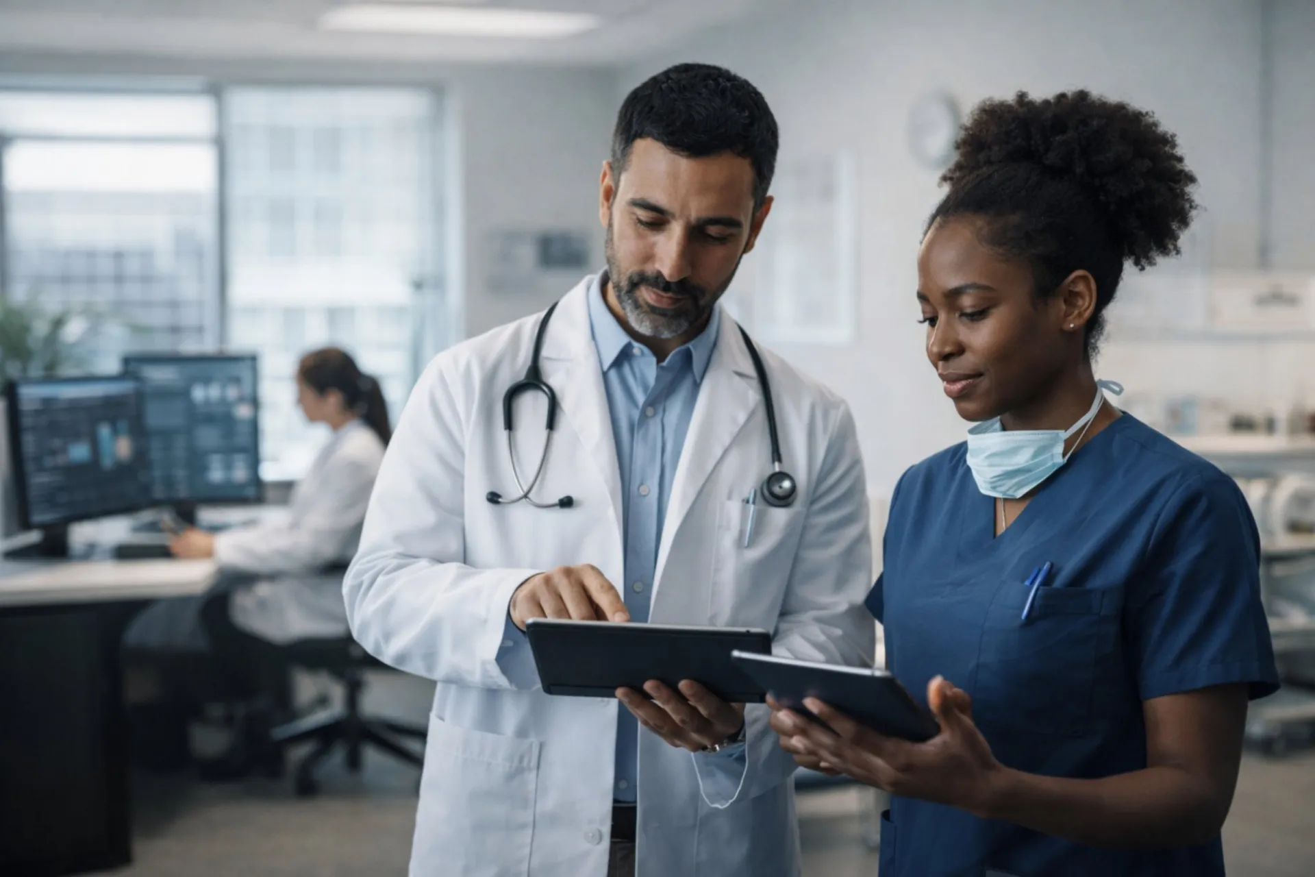 Clinicians using digital tablets in a modern clinic to review information together