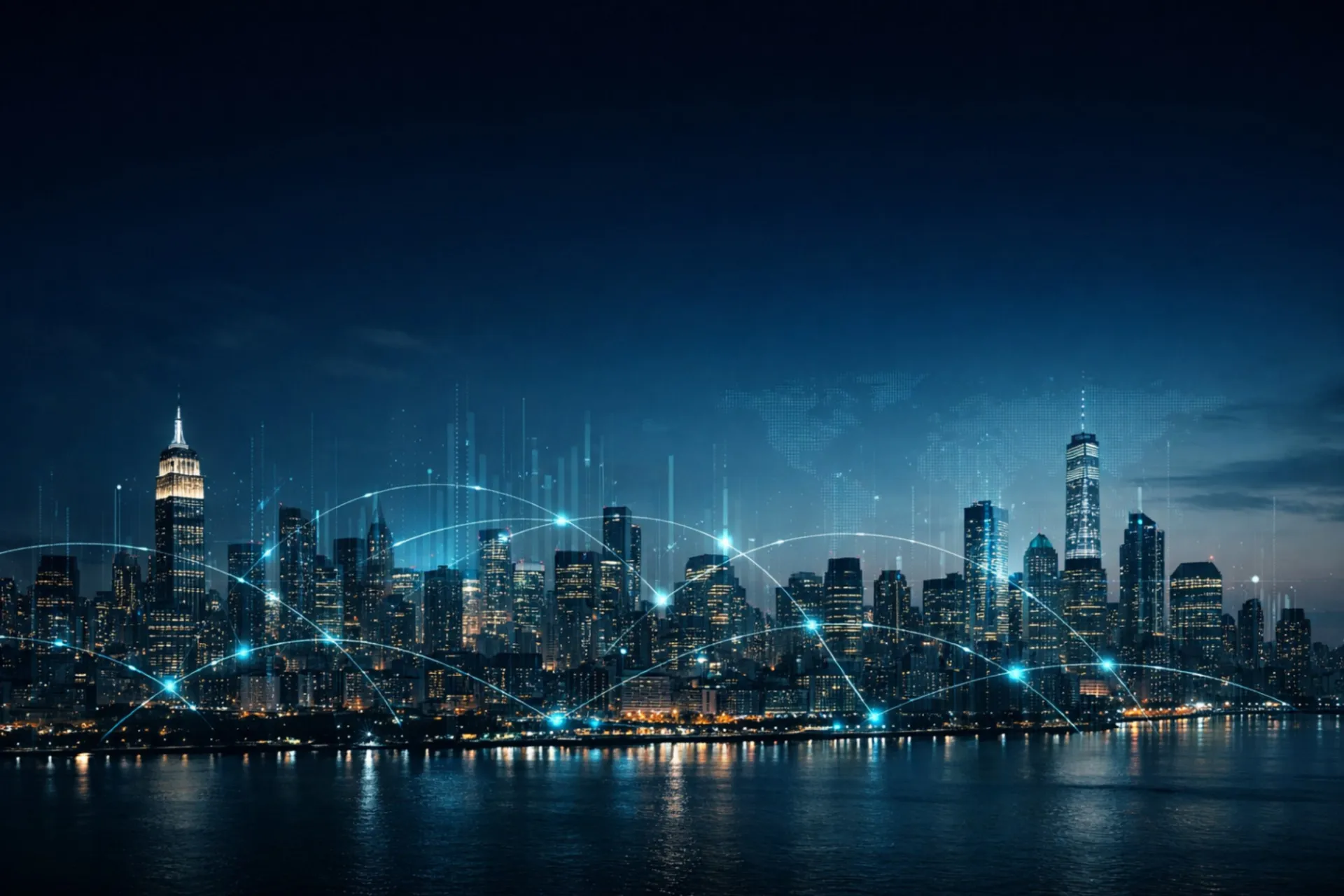 Global city skyline with subtle data overlay