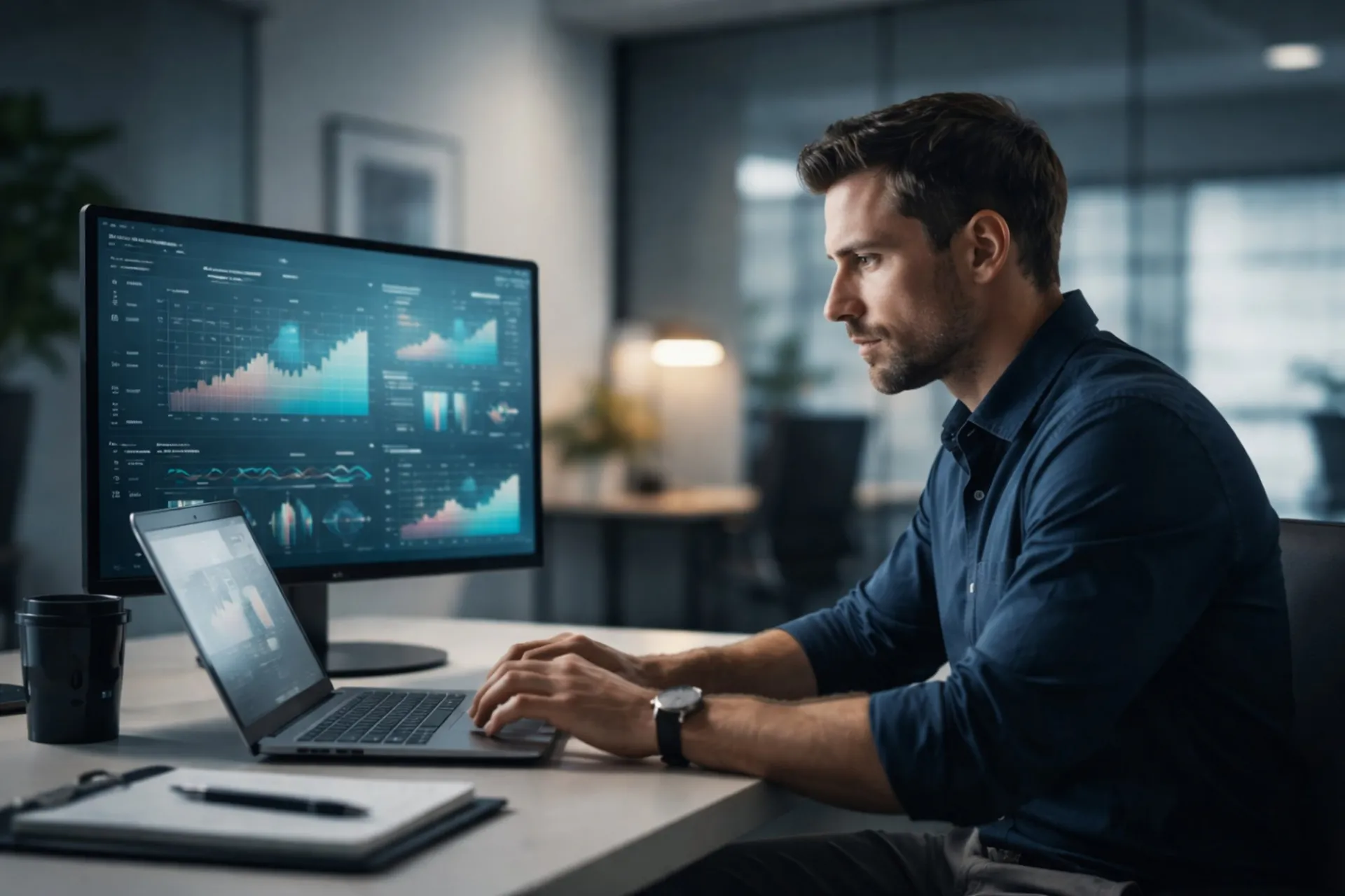 Professional using laptop with abstract data dashboard